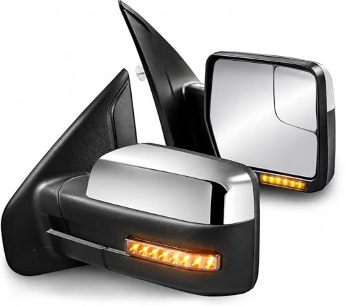 MOSTPLUS Towing Mirror Compatible with 2004-2014 Ford F150 F-150 Power Heated Mirror w/Puddle Light Sequential Turn Light Dural Beam (Chrome)