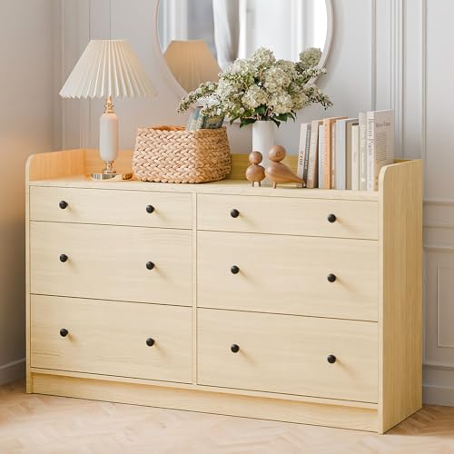 Image of Cozy Castle 6 Drawer Dresser for Bedroom, Large Wood Dressers & Chests of Drawers 52'' Long Modern Sideboard Buffet Cabinet with Storage Accent Cabinets for Hallway, Entryway, Oak