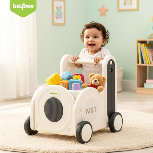 Image of Baybee 4-in-1 Baby Walker & Kids Ride-On | Smooth-Rotation Wheels, Push Cart & Multi-Layer Toy Storage | Secure Rope Pull, Comfortable Seat & Early Walking Support for 6+ Months (Black)