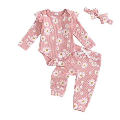 Image of FOCUSNORM Newbron Baby Girl Fall Clothes Daisy Ribbed Knitted Long Sleeve Romper Long Pants 3 Pcs Infant Girl Winter Outfit