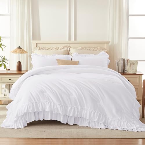 Image of Andency White Ruffle Comforter Set Queen Size, 3 Pieces