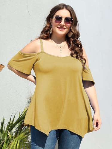 Image of LARACE Cold Shoulder Tops for Womens Summer Clothes Spaghetti Strape Tunic Oversized Shirts Asymmetrical Plus Size Blouse
