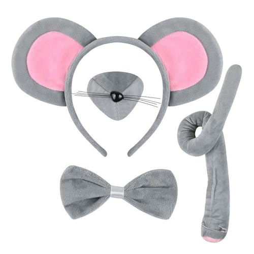 PcvGef Maus Kostüm 4-teiliges Set, Maus Ohren Haarspange Fliege Nase Schwanz, Mausohren Haarreifen Tier Kostüm Zubehör für Kinder und Erwachsene, Halloween Party Verkleidung Karneval Rollenspiel