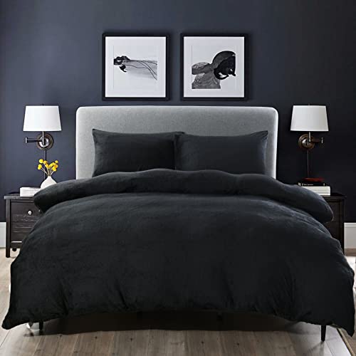 ROOEE Teddy Fleece Duvet Cover Single Double Bed Ultra Soft Warm Fluffy Bedding Set with 2 Pillow Cases for Cozy and Better Sleep (Black, Single)