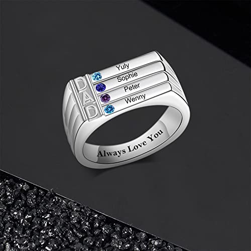 Missnana Custom Dad Rings For Men Sterling Silver Personalized Name Engraving Rings Cubic Zirconia Ring Jewelry Gifts For Father's Day Birthday For Husbands Dad Father Men (4 Stones-Silver) #TOP5