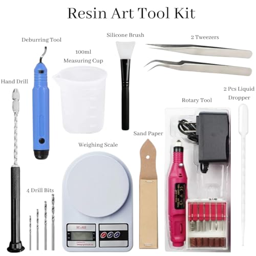 Image of R H LIFESTYLE 12 Pcs Epoxy Resin Art Tool Kit with Measuring Cup, Silicone Brush, Rotary Tool, Tweezers, Measuring Scale, Sand Paper, Deburr Handle, Hand Drill and Dropper DIY Resin Art Kit (Big)