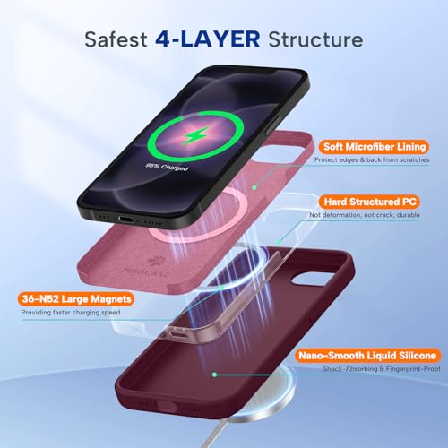 Image of Miracase Magnetic for iPhone 17e Case & iPhone 16e Case, [Soft Anti-Scratch Microfiber Lining], Compatible with MagSafe, Silicone Shockproof Protection Phone Case for iPhone 17e /16e, Wine Red