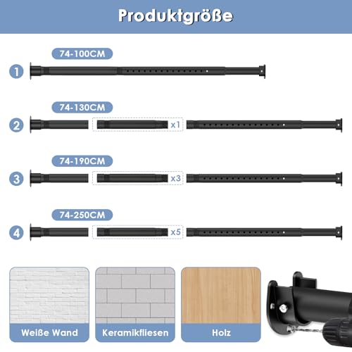 Garderobenstange Schwarz, Ausziehbare Kleiderstange 74-130cm,1 Set Teleskop-Schrankstange für Schlafzimmer Schrank-Kleiderstange （Durchmesser 32 x 28 mm）