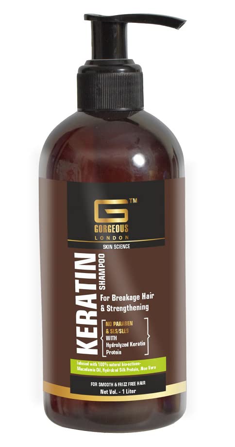 Gorgeous London Keratin Shampoo 1Ltr for Breakage Hair & Strengthening Infused With Natural Bio-Actives-Macadamia Oil with Hydrolyzed Silk Protein & Aloe Vera for Smooth & Frizz Free Hair & No Paraben