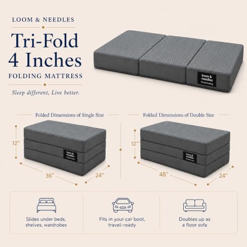 Image of LOOM & NEEDLES 3-Layer Tri-Fold Single Folding Mattress | Medium Firm Memory Foam, Aeroflow & 28D Premium HR Support Portable Foldable Guest Floor Bed | Hostel, Travel & Camping | 72x36x4 Inch