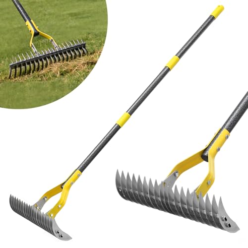 Thatch Rake 15-Inch Wide Manual Dethatcher Rake for Cleaning Dead Grass Loosening Soil 55 Efficient Steel Metal Dethatching Rake with Long Adjustable Handle Thatch Rakes for Lawns Yard Garden
