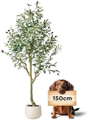 Künstlicher Olivenbaum mit Weiss Topf 150cm Kunstbaum mit 1200 Blätter Üppig Kunstpflanze wie echt Künstliche Pflanzen Olivenbaum Deko für Wohnzimmer Schlafzimmer Büro Moderne Deko