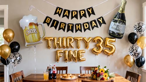 Décoration 35e anniversaire noir et or avec kit ballons et bannière