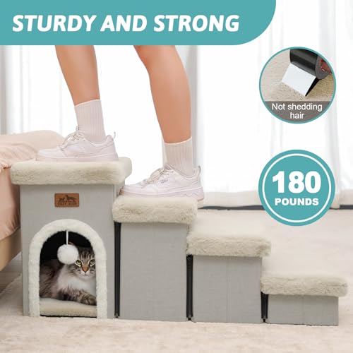 COZY KISS Dog Stairs for Small Dogs with Storage and Condo, 17.5\" H Foldable Pet Stairs for Small Medium or Puppy Dogs and Older Cats, Dog Steps for Bed or Couch, 13x35x17.5 inch, 4 Tiers, Beige - Thumbnail 4