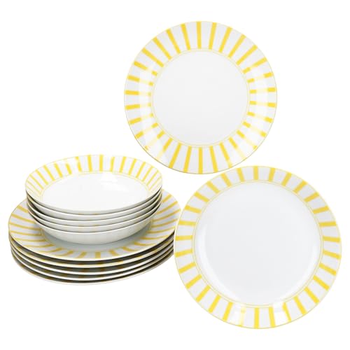 MamboCat Servizio da tavola Split giallo, 12 pezzi, stoviglie in porcellana bianca con strisce per 6 persone, 6 piatti fondi e 6 piatti piani per colazione, pranzo e pane cena