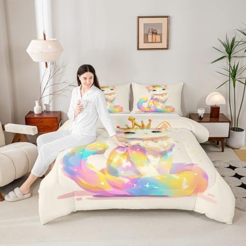 Image of Cartoon Cat Comforter Set King Size Bedding Sets Watercolor 3D Anime Bed Comforter, Cute Pets Toddler Comforter for Animal Lovers Enthusiast Kawaii Anime Decor Design Quilt for Girls Kids Teens