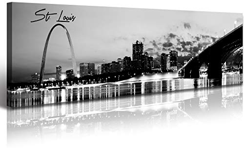 Image of DJSYLIFE Panoramic St. Louis Skyline Wall Art Cityscape Picture Black and White Canvas Print Night View Urban Landscape Modern Artwork Office Bedroom Decor Framed and Ready to Hang 13.8 inchx47.3 inch