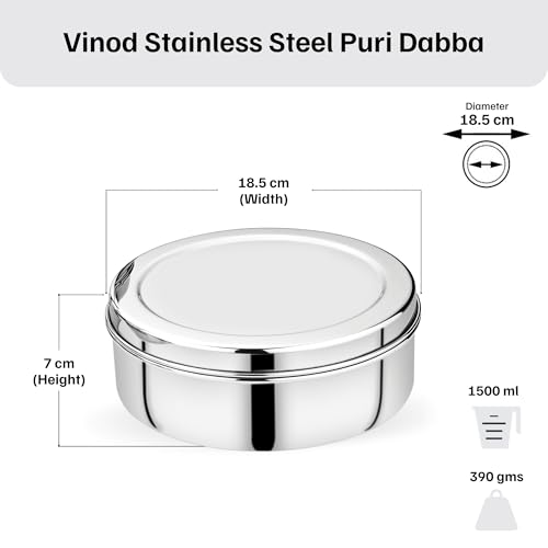 Image of Vinod Stainless Steel Puri Dabba | 1500ml Capacity, 18.5cm Diameter | Multipurpose Stainless Steel Flat Storage Container for Puri, Snacks, Dry Food, Tiffin & Travel Use