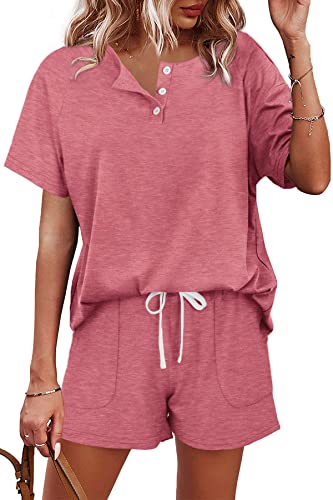 Image of WIHOLL Two Piece Outfits for Women Lounge Sets Button Down Top and Shorts Set Sweatsuits with Pockets
