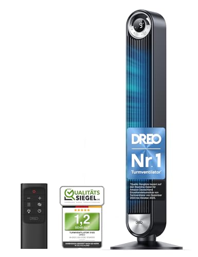DREO Turmventilator für Schlafzimmer, DC Standventilator mit 9 Geschwindigkeiten, 25 dB Ultraleise, 90° Oszillation, bis zu 8,5 m/s Luftstrom, 12 Std. Timer, Rotorloser Ventilator für Zuhause & Büro 1