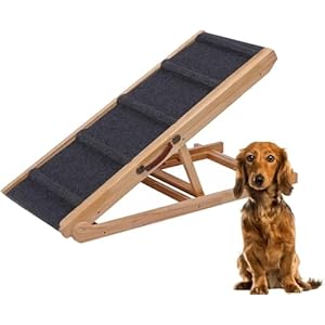 PAWBLISS Adjustable Dog Ramp for All Dogs | 6-Level (12.2″-25.5″) Solid Wood Ramp | Non-Slip Carpet for Large & Small Dogs | Supports 200lbs | Portable Dog Ramp for Bed & Couch with Leather Handle