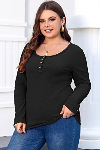 Women’s Plus Size Henley T Shirts Long Sleeve Button Down Tunic Blouse Loose Fit Tops Scoop Neck Ribbed Knit Shirts4