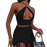 SHESEEWORLD Women's Sexy Hollow Out 2 Piece Outfits Halter Neck Sleeveless Crop Top and Drawstring R
