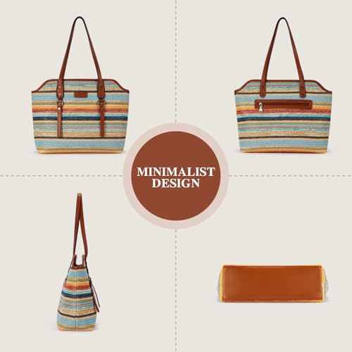 Image of Tote Bag for Women,Large Capacity Straw&Vegan Leather Tote Purses for Women,Shoulder Bags For Daily Travel Work Beach