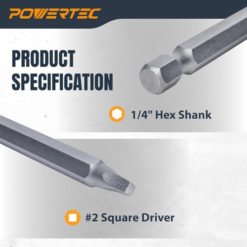 Image of POWERTEC 72259 6 Inch Square Driver Bit Set - #2 Square Head, 1 /4 inch Hex Shank, for Woodworking & Construction (2 Pack)