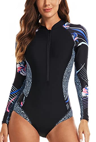 LafyKoly Women's One Piece Long Sleeve Rash Guard UV Protection Printed Surfing Swimsuit Swimwear Bathing Suit
