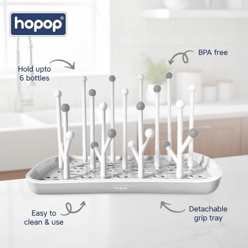Image of Hopop Plastic Baby Bottle Drying Rack | Portable & Compact Bottle Drying Rack with Detachable Water Drip Tray | Holds Upto 6 Bottles and Accessories | BPA Free Efficient Baby Care Essential | White
