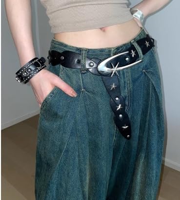 Star Studded Belt y2k Belt Black Fashion Leather Belt Adjustable Vintage Waist Belt for Women belt suitable for jeans skirts2