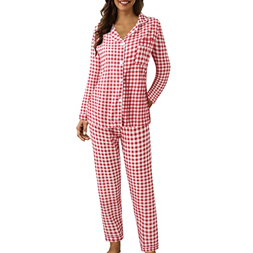 Pigiama da donna a quadri, in cotone, a quadretti, set da 2 pezzi, camicia da notte con abbottonatura, biancheria da notte, in due pezzi, per la casa, per l'inverno, Colore: rosso, M