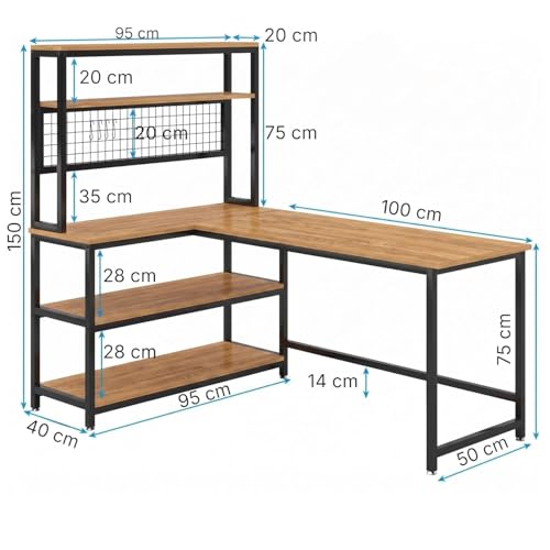 Image of L Shaped Computer Desk with Bookshelf | Gaming Table with Storage Shelves, Metal Frame, Monitor Stand, Organizer Hooks | Wooden Study Table for Home, Office & Work from Home | DIY.
