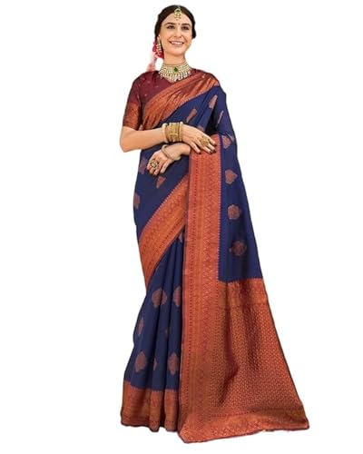 Image of Women's Soft Art Silk Kanjivaram Saree and Unstitched Blouse Piece with Floral Rich Pallu and Jacquard Jari Work On All Over | South Indian Saree