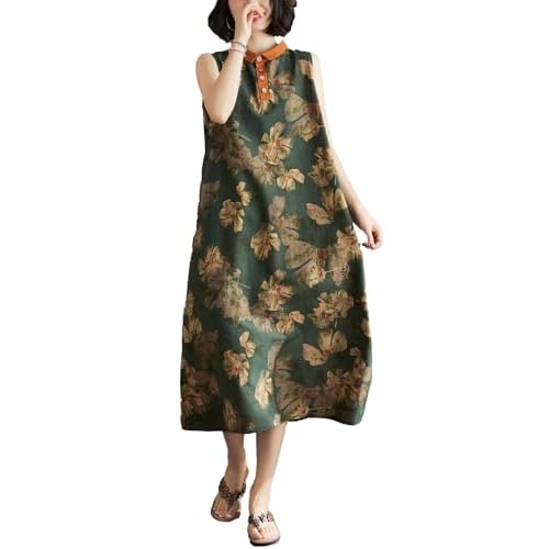 ellazhu Women's Sleeveless Maxi Length Floral Print Lapel Shirt Dress GA2738 A Small-X-Large Green