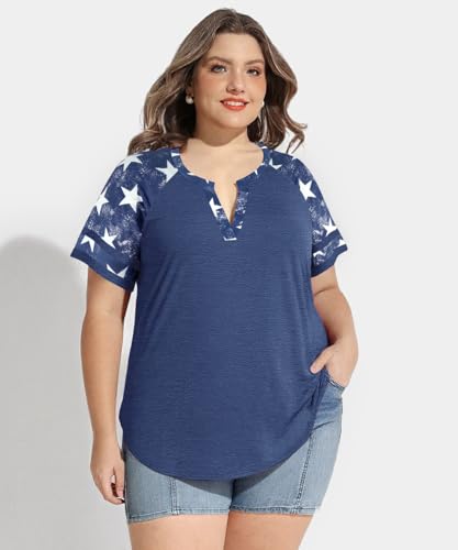 Image of CARCOS Plus Size Tops for Women Short Sleeve Summer Pullover Color Block Crewneck /V Neck Tee Tunic Loose Fit Tshirts XL-5XL