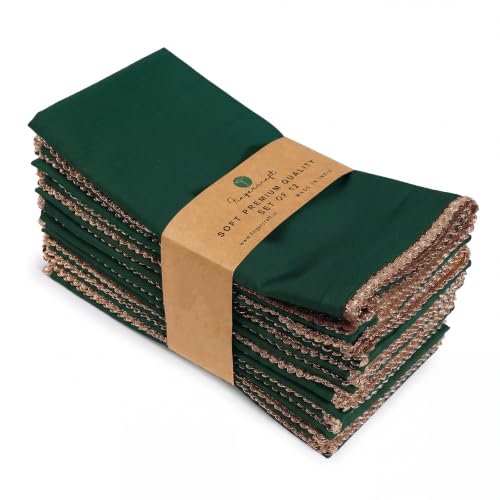 Image of FINGERCRAFT 100% Cotton Cloth Napkins Set of 12, 20 x 20 Inch Reusable Table Napkins with Golden Trim Lace, Mitered Corners, Dining Table Linen for Wedding, Festive, Restaurant & Home Use (Eden Green)