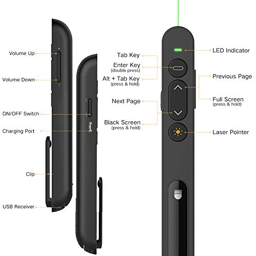 Wireless Presenter Remote, Presenter clicker with Green Light,Updated Presentation Remote 2.4GHz PowerPoint PPT Clicker for Classroom, Lecture Hall, Conference Room, Exhibition Hall, etc. (Black)