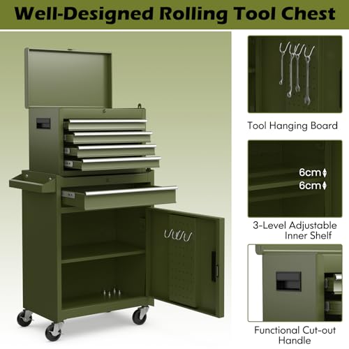 COSTWAY Large Rolling Tool Cabinet, 2 in 1 Detachable Metal Tool Chest with Drawers, Wheels, Handle and Hooks, Lockable Tool Box Trolley for Garage Workshop - Image 6
