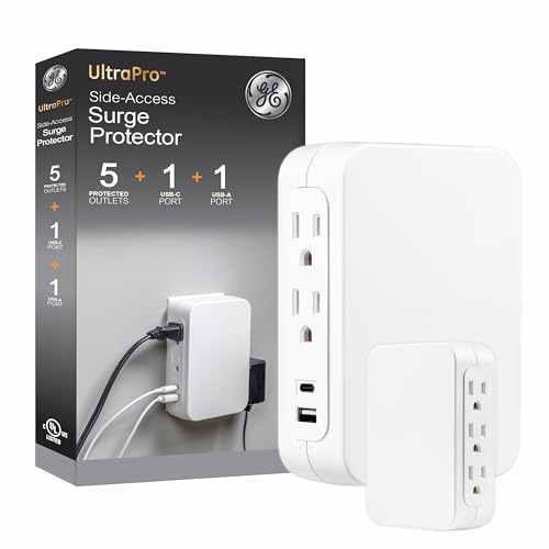 GE USB C 5 Outlet Extender, Side-Access, Wall Tap Surge Protector, Multi-Plug, USB A, 3-Prong,...