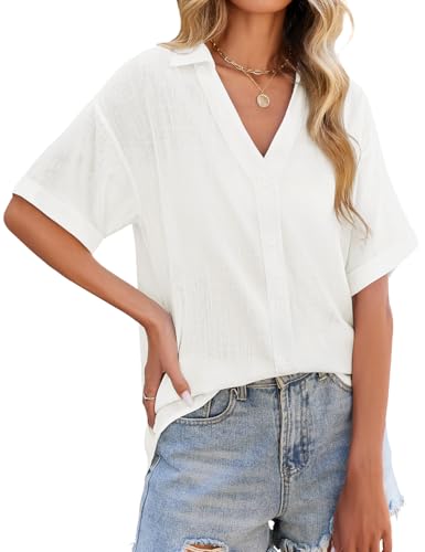 PASUDA Blusas Mujer Verano Camisa de Lino Elegantes Manga Corta Cuello en V Camisas Casual Suelta Blusa con Botones Camiseta Basicas Shirts Tops(Blanco,M)
