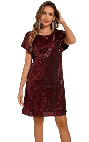 Image of Women's Crewneck Sequin Shift Dress Short Sleeve Casual Holiday Sparkly Party Dress