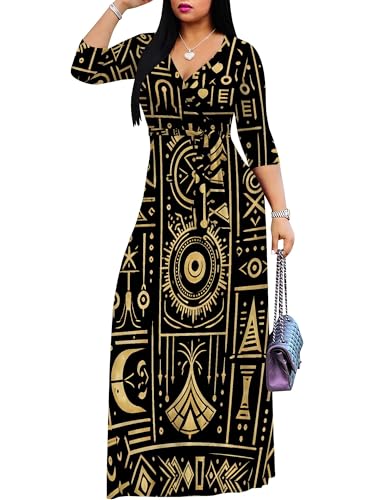 Image of PinkPatty Plus Size Maxi Dress for Women Casual V Neck 3 /4 Sleeve Boho Printed Long Dress with Pockets