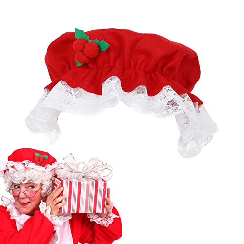 DOBGOMN Mrs Claus Hat Christmas Women Old Lady Santa Claus Red Berry Bonnet Mob Cap with Lace Trim Xmas Party Cosplay Props