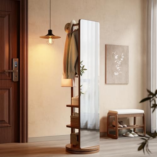 Image of WoodsWhisper Full Length Mirror Coat Rack Solid Wood Floor Mirror 70 inchx16 inch Full Length Mirror with Stand Long Mirrors for Bedroom,Living Room (Walnut, 70 inch L x 16 inch W)