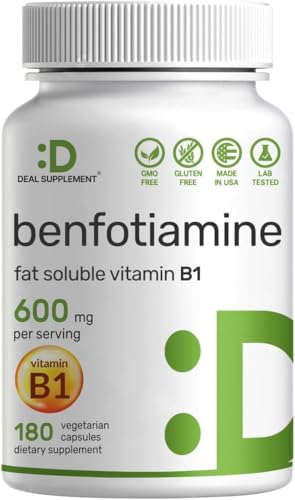 Image of WITFY Benfotiamine 600mg Per Serving, 180 Veggie Capsules (300mg Per Cap) - Fat Soluble Vitamin B1 Thiamine Supplement - 3rd Party Tested, Vegan, Non-GMO, Gluten Free