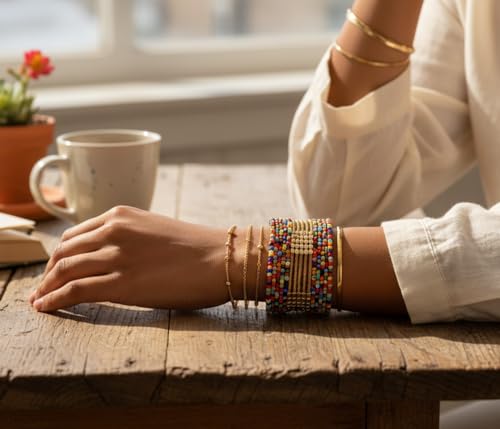 Image of Touchstone Indian Colorful Bead Bracelet Bollywood Beaten Metal Beads Openable Broad Cuff Bracelet in Gold or White Tone for Women.