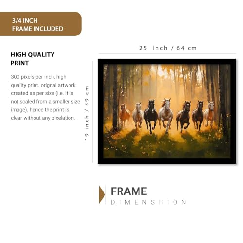 Image of HOTHOUSE 7 Horses Vastu Frame Wall Art Painting for Living Room Bedroom Office Home Decor | Seven Running Vastu Lucky Horse Rising Sun Painting Wall Decor Size (19X25 inch)