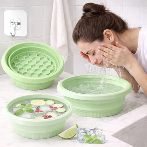 Image of (1 pic Hook) with Silicone Face Bowl for Ice with Built-in Icetray, Collapsible Face Tub for Ice Bath, Facial Ice Plunge Bowl, Ice Water Facials at Home (Green Hook)